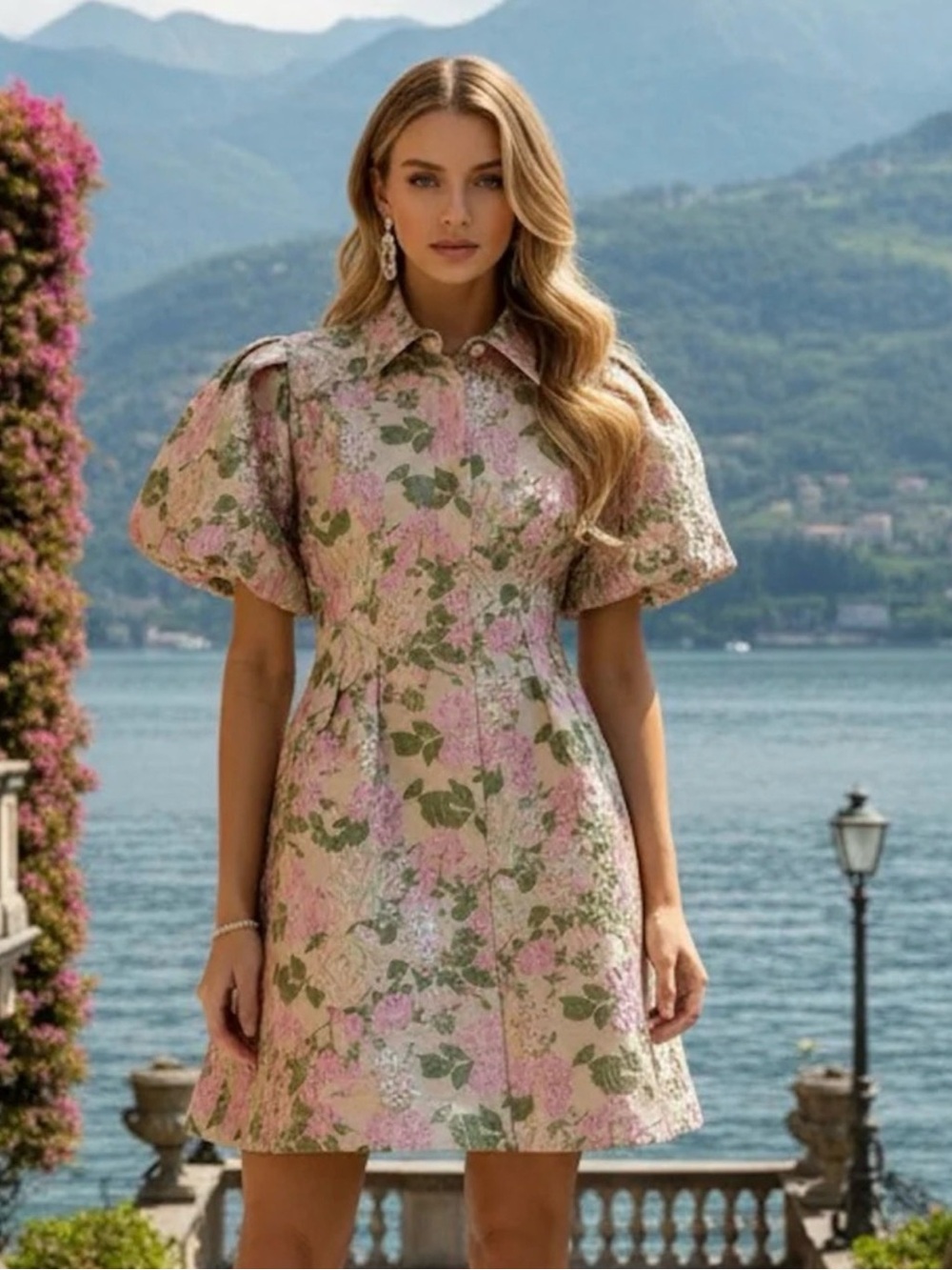 Floral Puff-Sleeve A-Line Dress in Pink and Green bridal shower dress